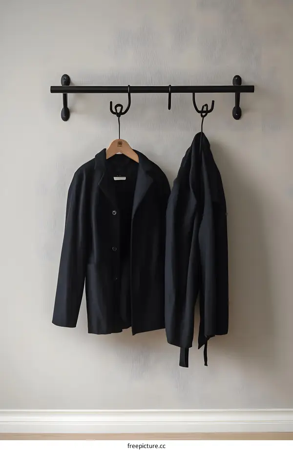 Black Coat and Blazer Hanging on Wooden Hanger