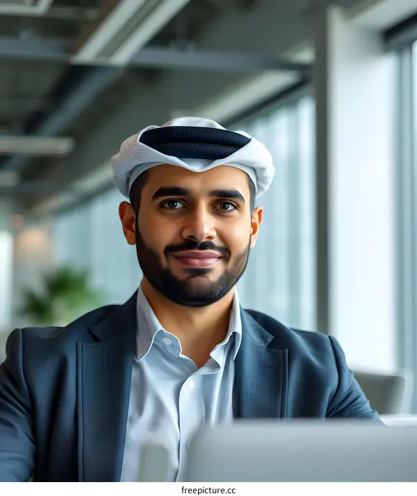 Smiling Arab Man in Suit and Traditional Headscarf Working on Laptop