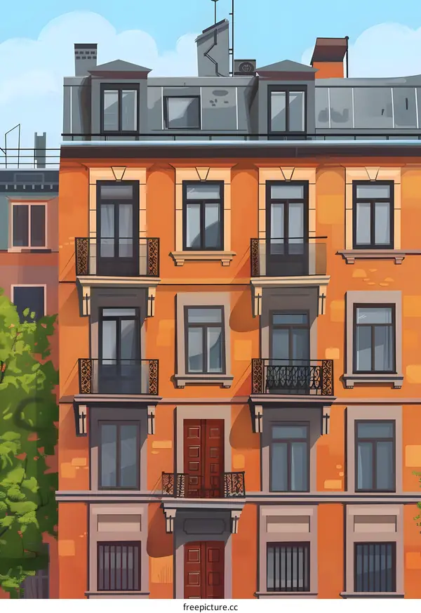 Orange Brick Building With Many Windows And Balconies