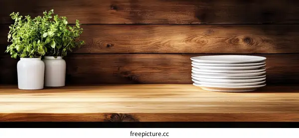 Wooden Tabletop with Stack of Dishes and Herbs