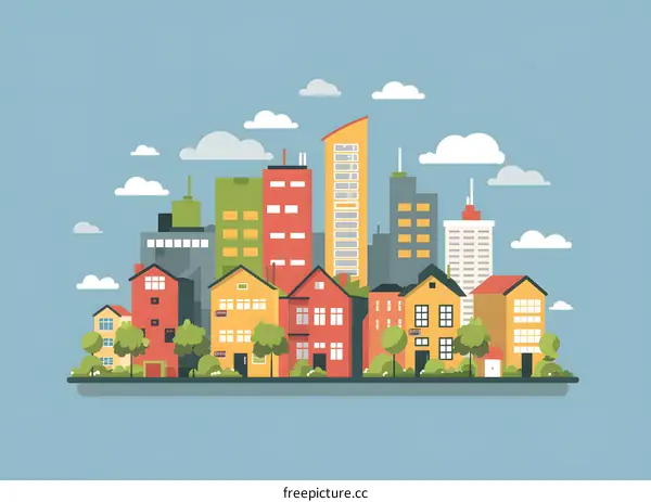 Cityscape Illustration With Buildings and Clouds