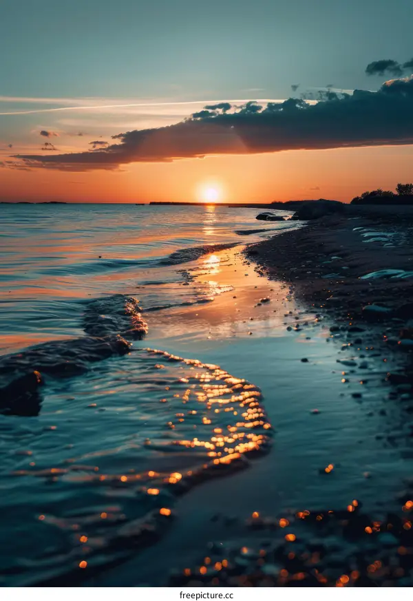 Serene Sunset over Calm Lake with Rocky Shore
