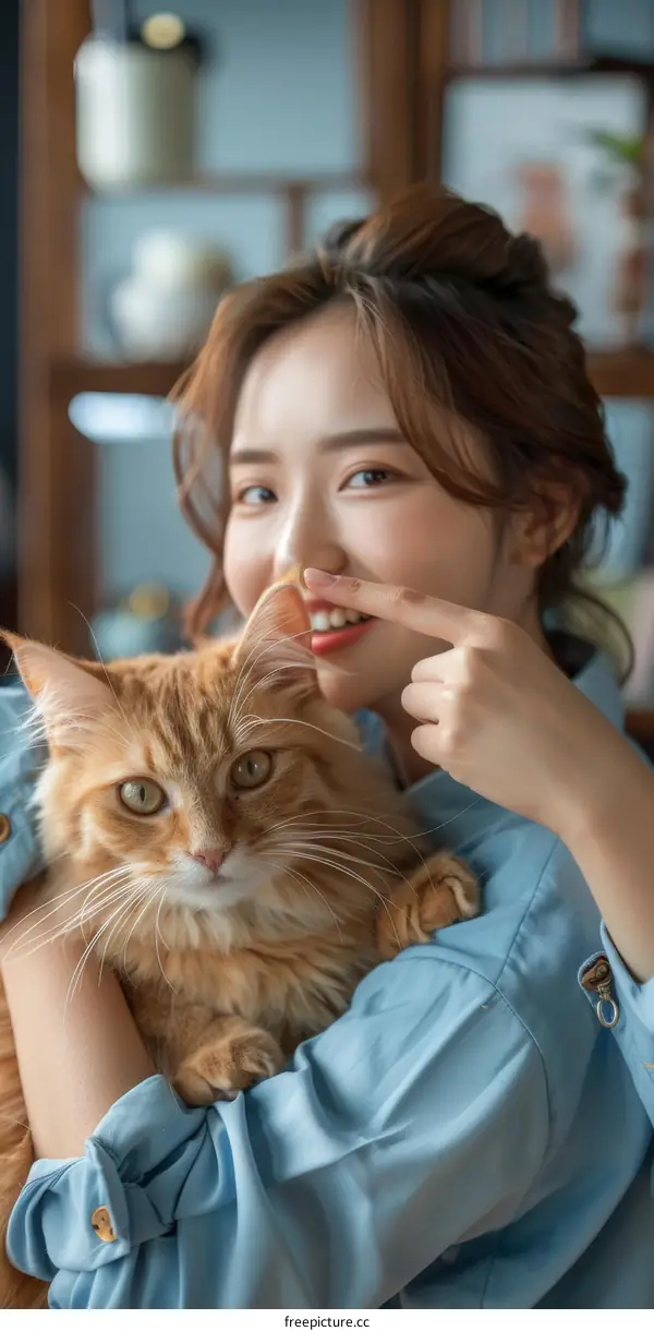 A ginger cat and a woman in a blue shirt