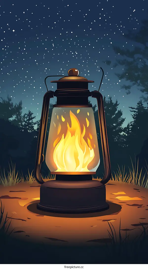 Vintage Lantern With Fire Burning In The Woods At Night