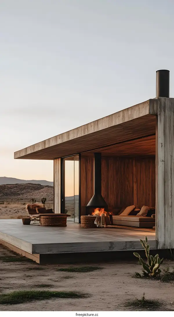 Modern Minimalist Desert Home with Concrete Patio and Fireplace
