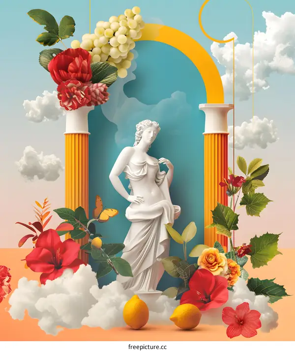 Surreal Greek Statue With Flowers and Lemons