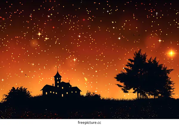 Silhouette of a Church with Starry Sky Background