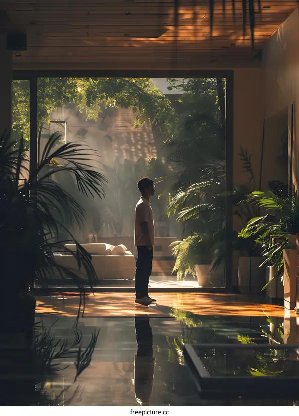Young man standing in a modern house with a large indoor garden