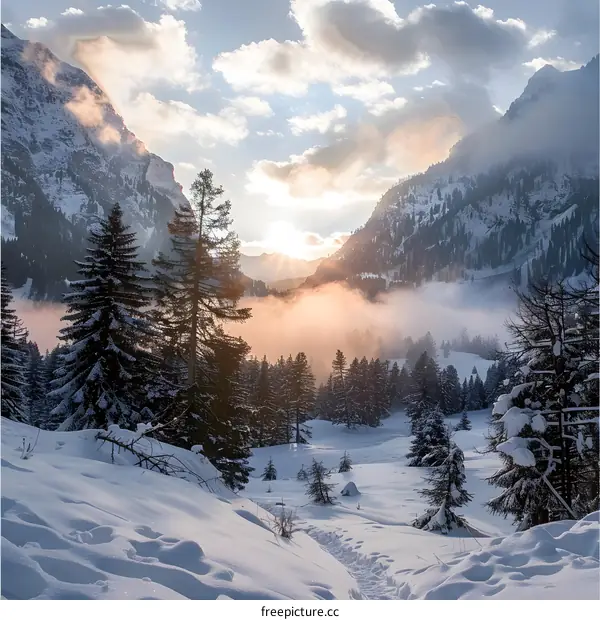 Snowy Mountain Landscape with Golden Sunset