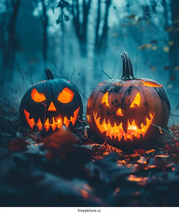 Two carved pumpkins sit in a fall forest at night. The background is dark and foggy.