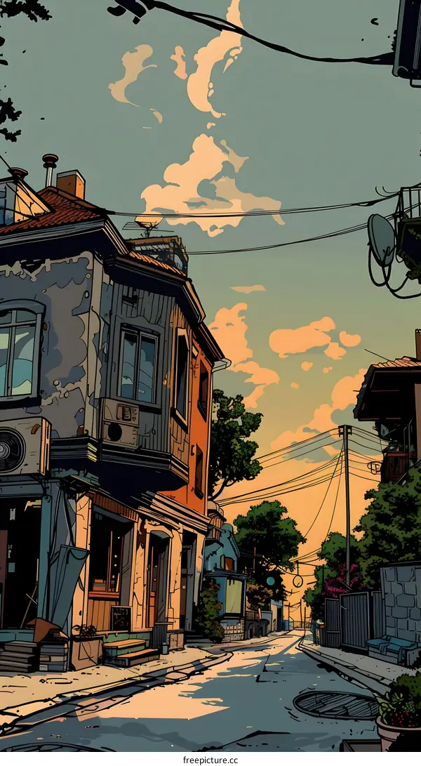 Street View of an Old Town in the Evening