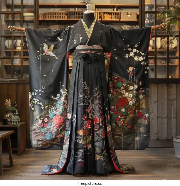 A kimono with a pattern of flowers and birds