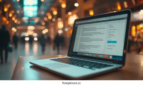 A laptop sits on a table in a busy walkway.