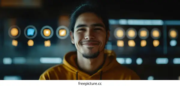 Smiling Person in Front of Tech Interface