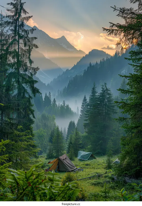 Tents in a Picturesque Valley with Mountains in the Background
