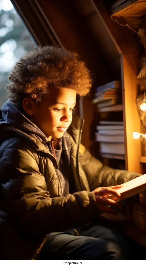 A boy is reading a book in a cozy nook