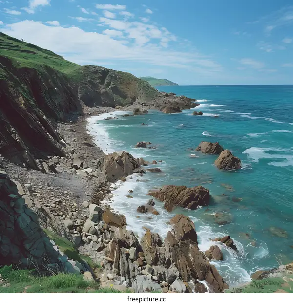 Rocky beach with green cliffs and blue sea