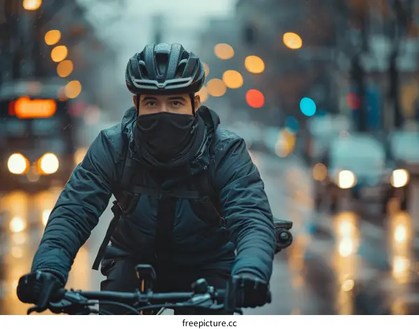Cyclist wearing a helmet and a face mask riding a bike in the city