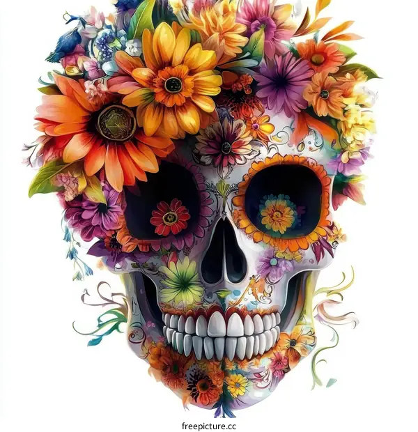 Floral Skull Illustration with Vivid Colors