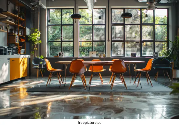Modern office interior with large windows and a long wooden table surrounded by orange chairs