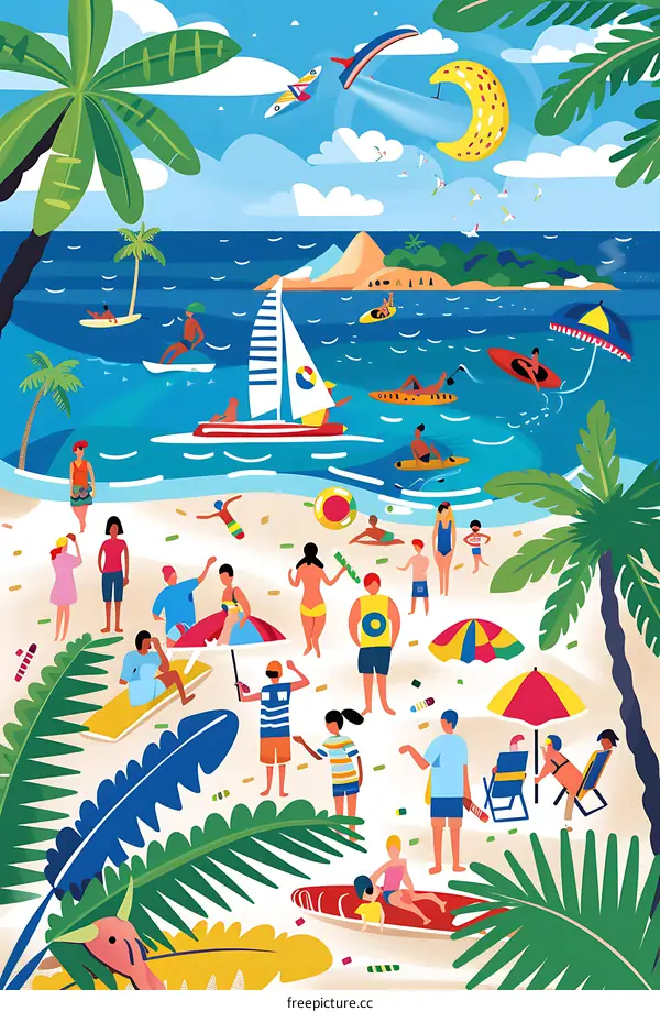 Summer Beach Illustration with Palm Trees and People