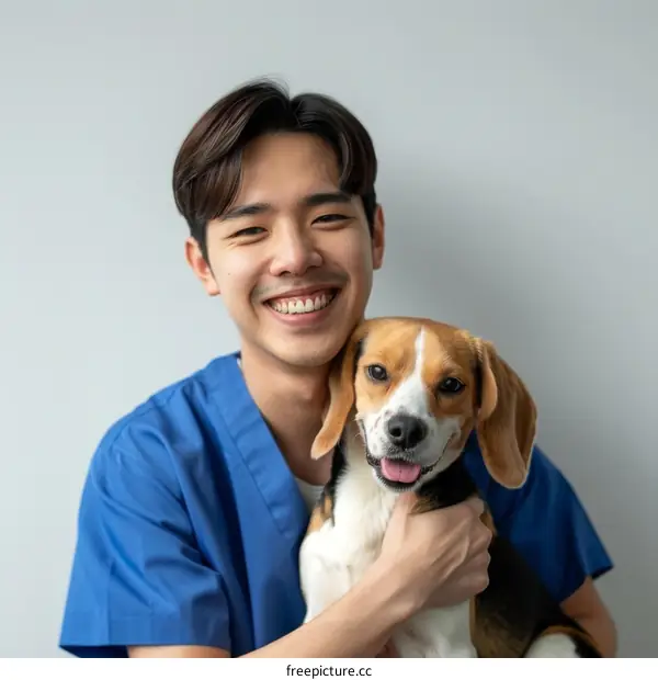 Asian veterinarian smiling with a beagle