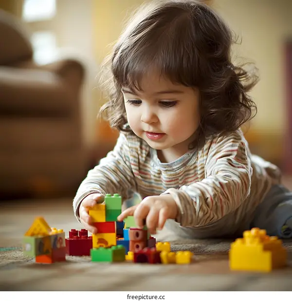 Little Girl Playing With Colorful Building Blocks