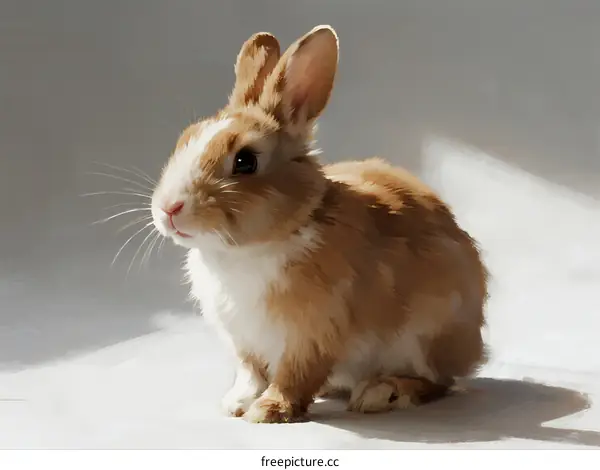 A cute little brown and white rabbit sitting on white background