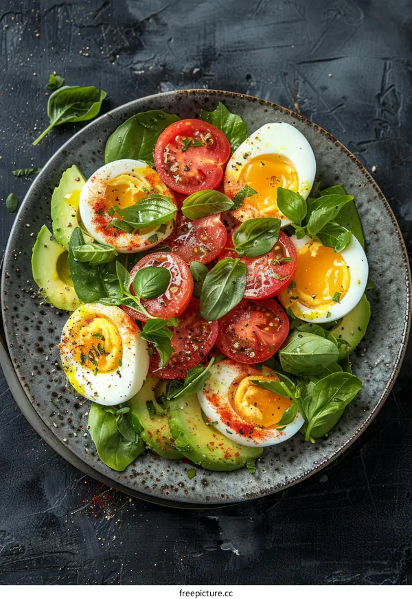Healthy avocado and egg salad with cherry tomatoes and basil