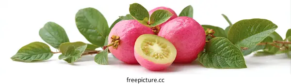 Fresh Pink Guavas with Leaves on White Background