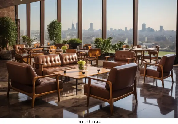 Modern restaurant interior with city view
