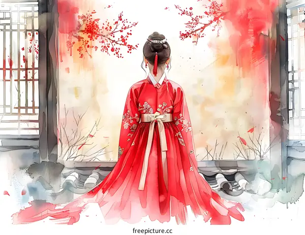 A woman in a red dress standing in a traditional Korean house