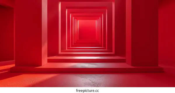 Red abstract concrete room with bright light at the end of the tunnel