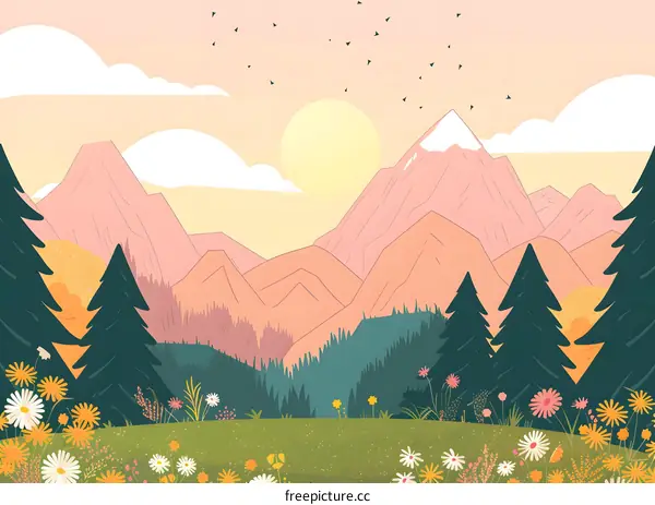 Mountain Landscape Illustration With Forest And Flowers