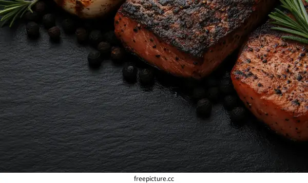 Grilled Steak on Dark Stone Background