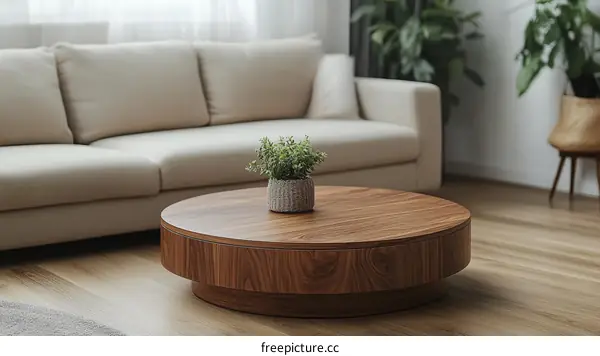 Modern Wooden Round Coffee Table in a Living Room