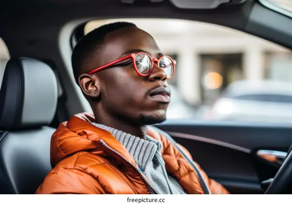 A young African-American man is driving a car.