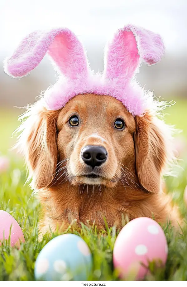Golden Retriever Dog with Easter Bunny Ears in Grass