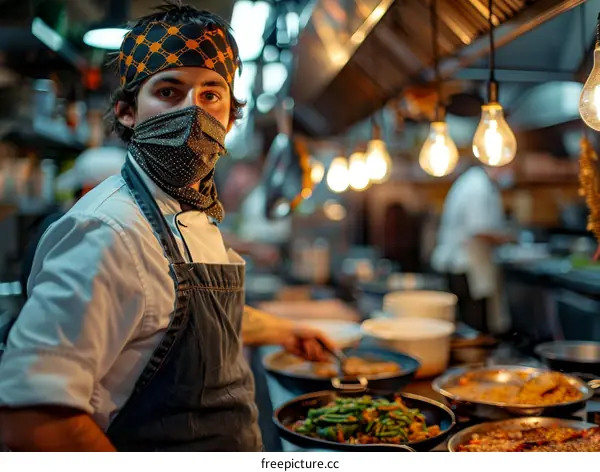 Portrait of a male chef wearing a mask in a commercial kitchen