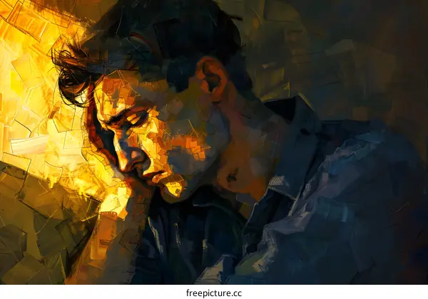 A portrait of a man with his head in his hands