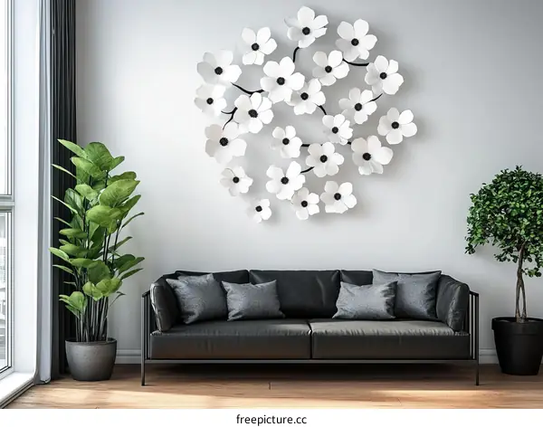 Modern Living Room Decor with White Flower Wall Art