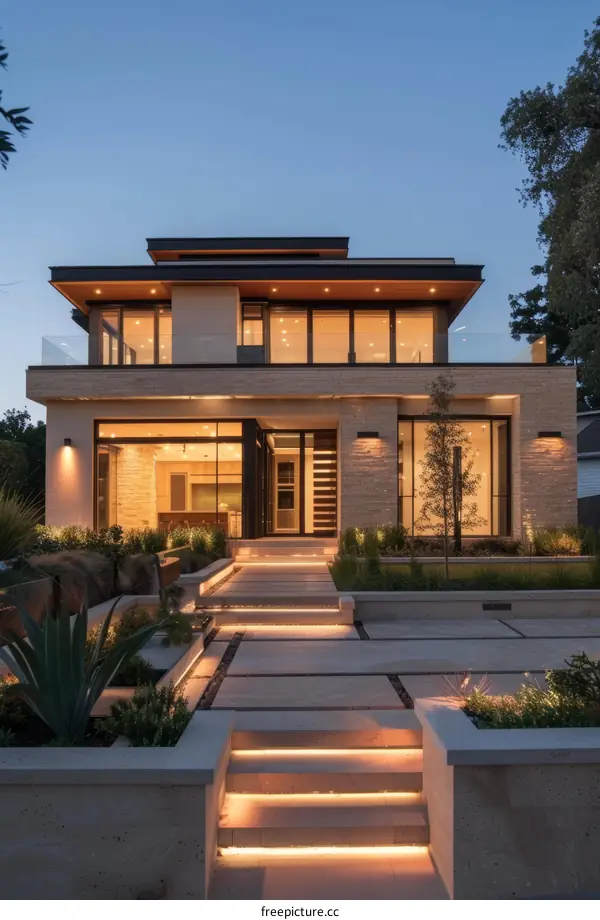 Modern House Exterior with Stunning Landscape at Dusk
