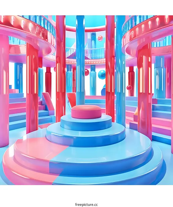 Abstract 3D Render of a  Colorful  Futuristic Interior with Stairs and Columns