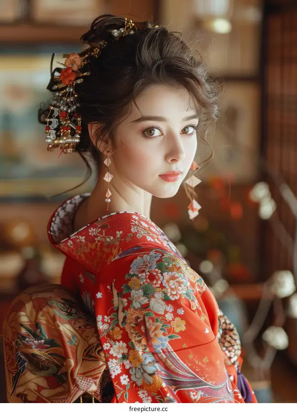 Beautiful Woman in Traditional Japanese Kimono with Floral Pattern