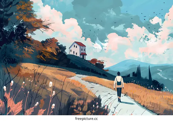 Woman Walking on a Path Through the Countryside