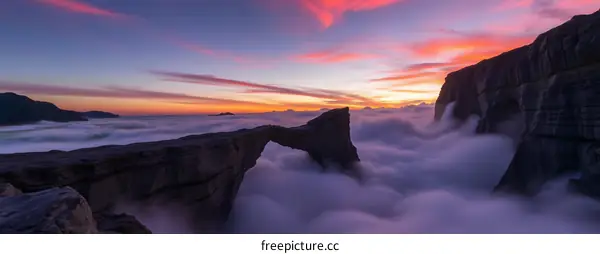 Stunning Sunrise Over The Clouds With A Natural Rock Arch