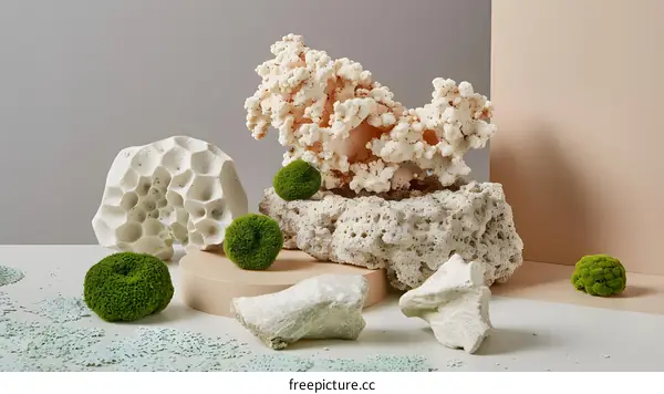 White Coral and Green Moss Still Life Photography