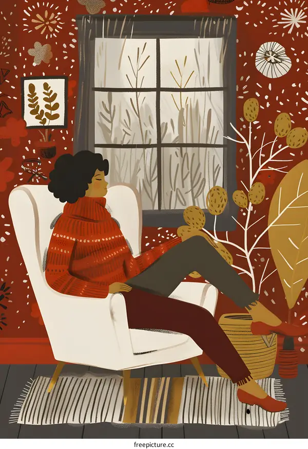 Woman Relaxing In A Cozy Winter Living Room Illustration