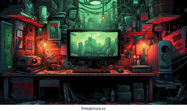 A digital painting of a messy desk with a computer on it. The desk is covered in papers, books, and other objects. The computer is displaying a picture of a city.