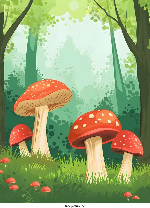 Red Mushrooms In Forest Illustration